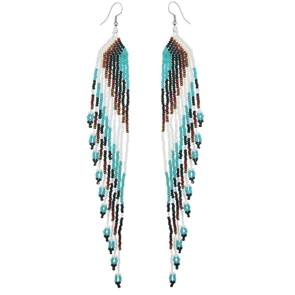 Southwestern Boho Seed Bead Tassel Dangling Statement French Wire Hook Earrings